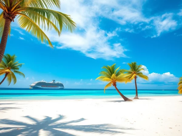 Karibischer Strand mit Palmen und türkisblauem Wasser bei einer Schiffsreise mit e-hoi.de