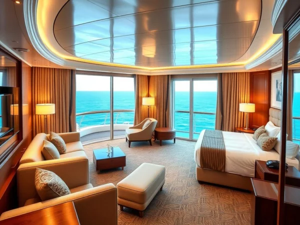 Luxuriöse Balkonkabine auf einem Kreuzfahrtschiff bei einer Schiffsreise mit e-hoi.de