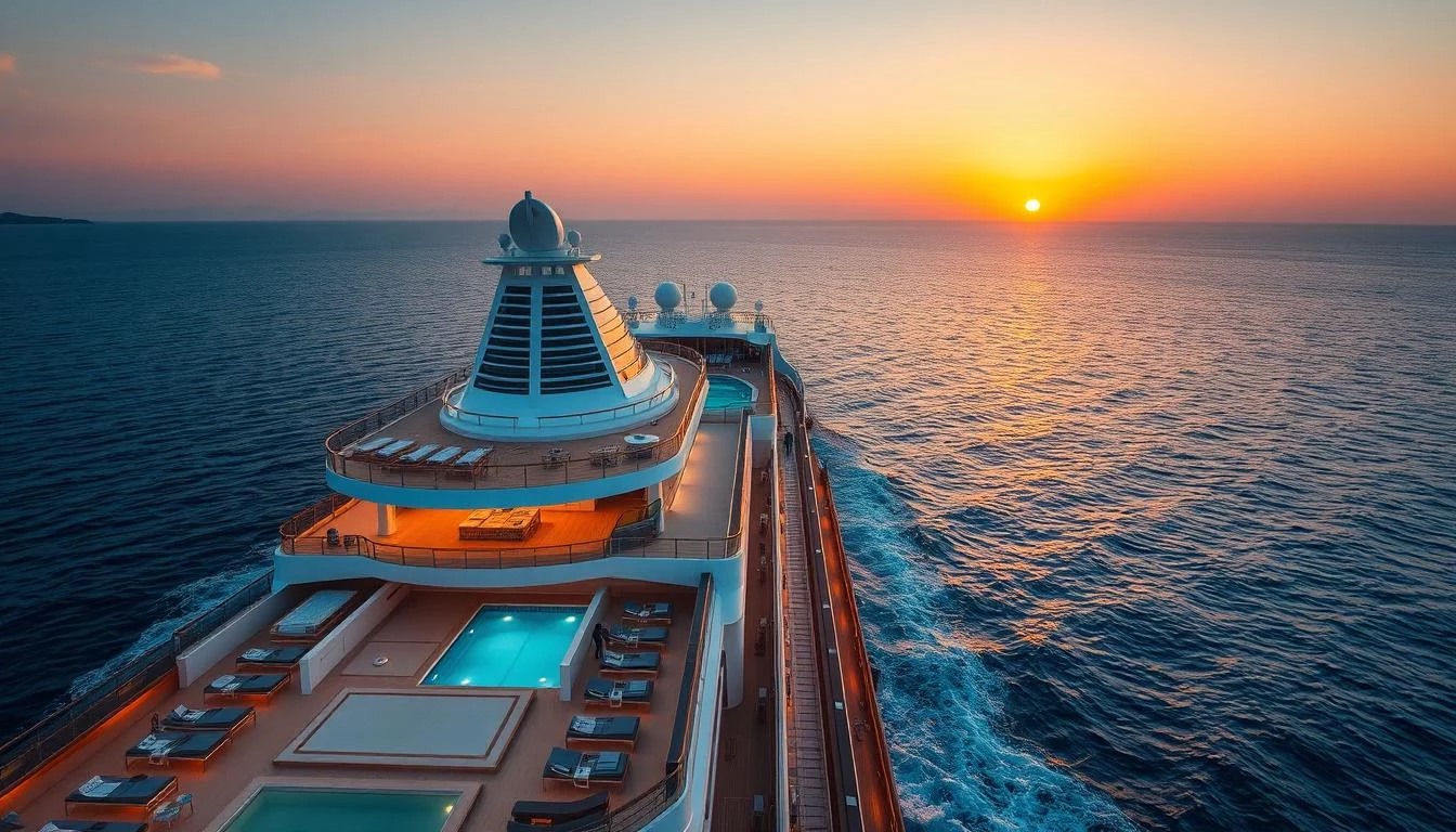 Luxuriöses Kreuzfahrtschiff von e-hoi.de auf dem Mittelmeer bei Sonnenuntergang