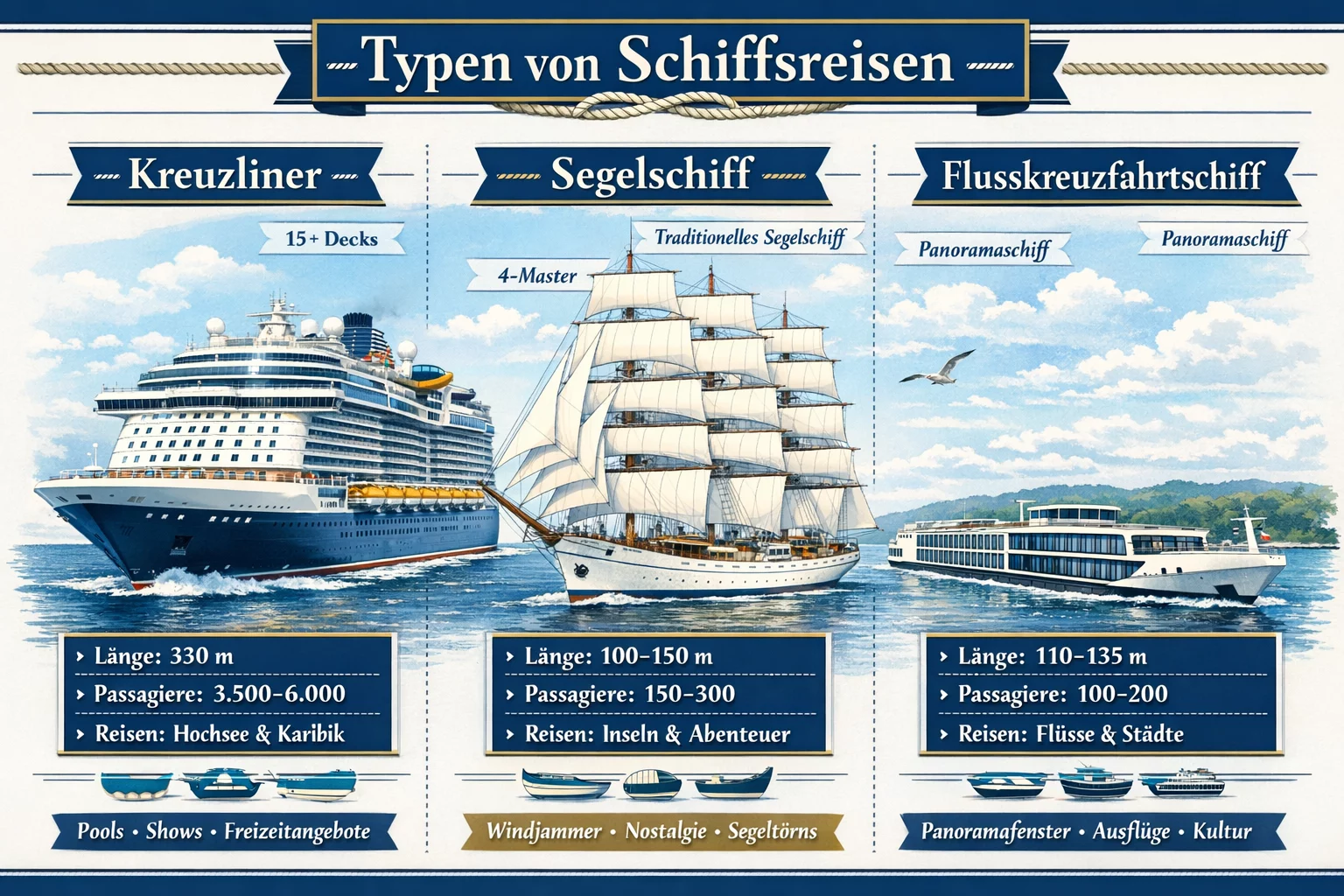 Landscape format (1536x1024) detailed infographic showing different types of Schiffsreisen vessels side by side: massive modern Kreuzliner w