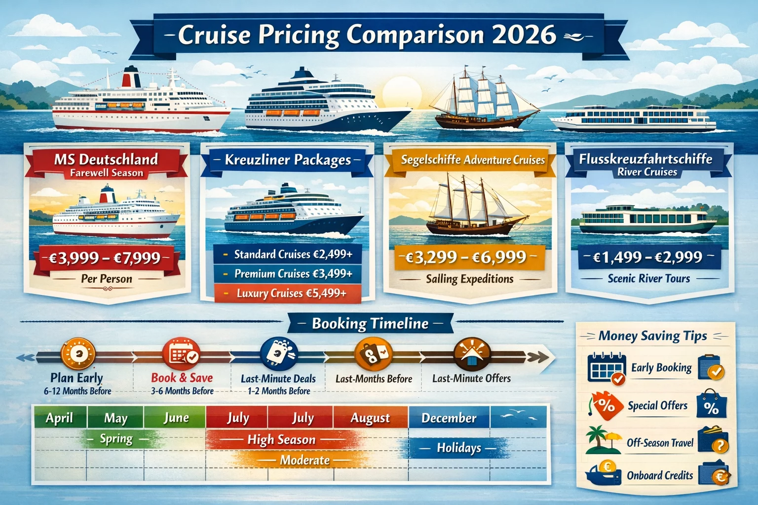 Landscape format (1536x1024) comprehensive visual guide displaying cruise pricing comparison chart for 2026. Features MS Deutschland farewel